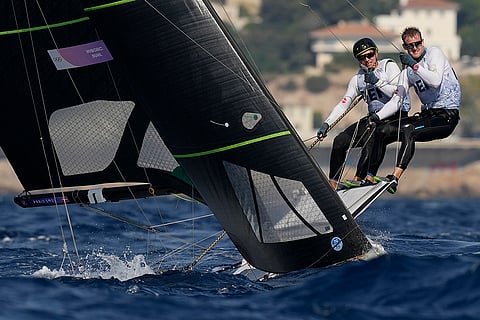 Nikolaj Buhl and Daniel Nyborg of Denmark sail to the mark